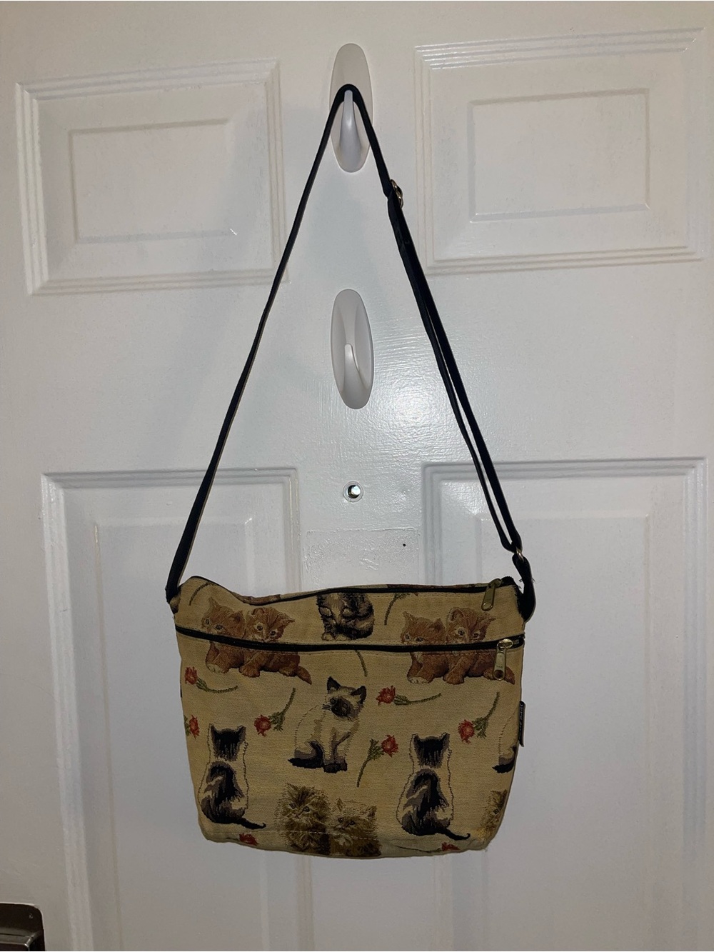 Cat Tapestry Crossbody Bag in Beige with Black Strap - AS IS